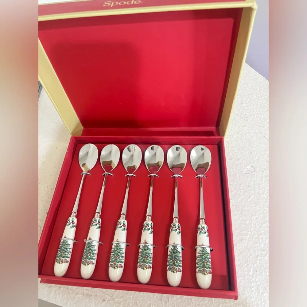 Spode Christmas Tree Porcelain & Stainless‎ Steel 6 Inch Teaspoons, Set of 6